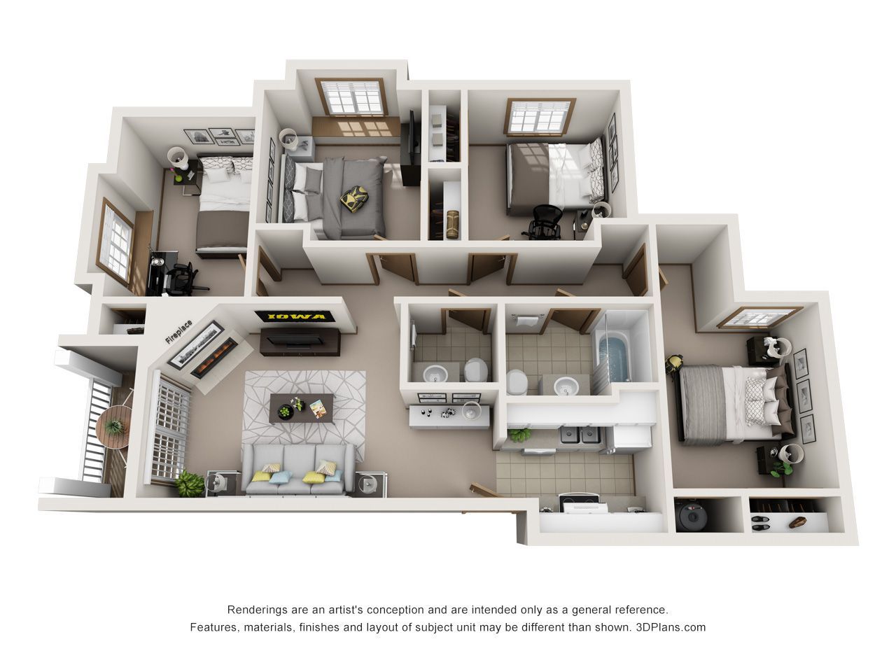3D floor plan of a compact apartment with living room, kitchen, bedrooms, and bathroom