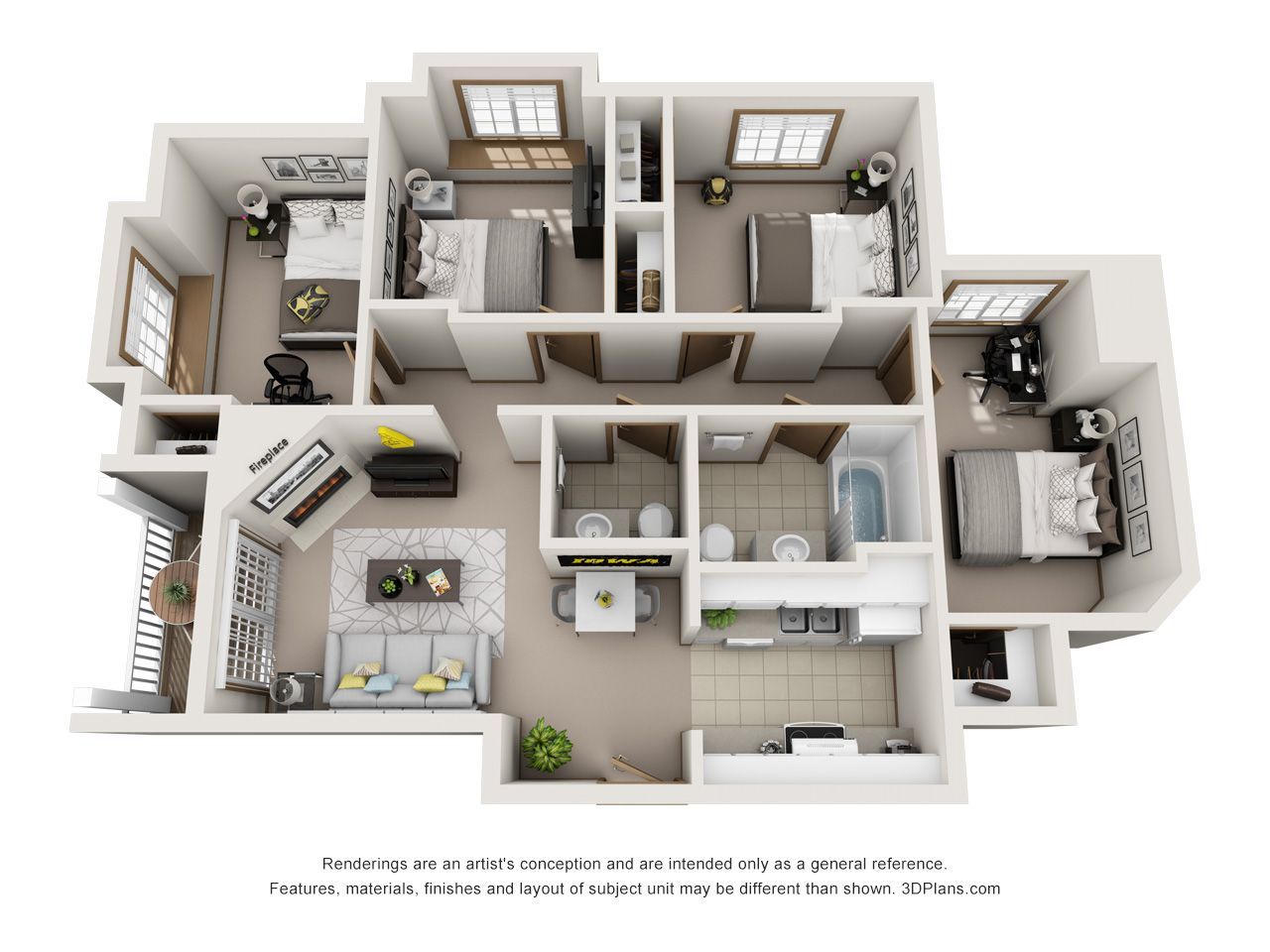 3D cutaway floor plan of a modern apartment with several furnished rooms and hallways
