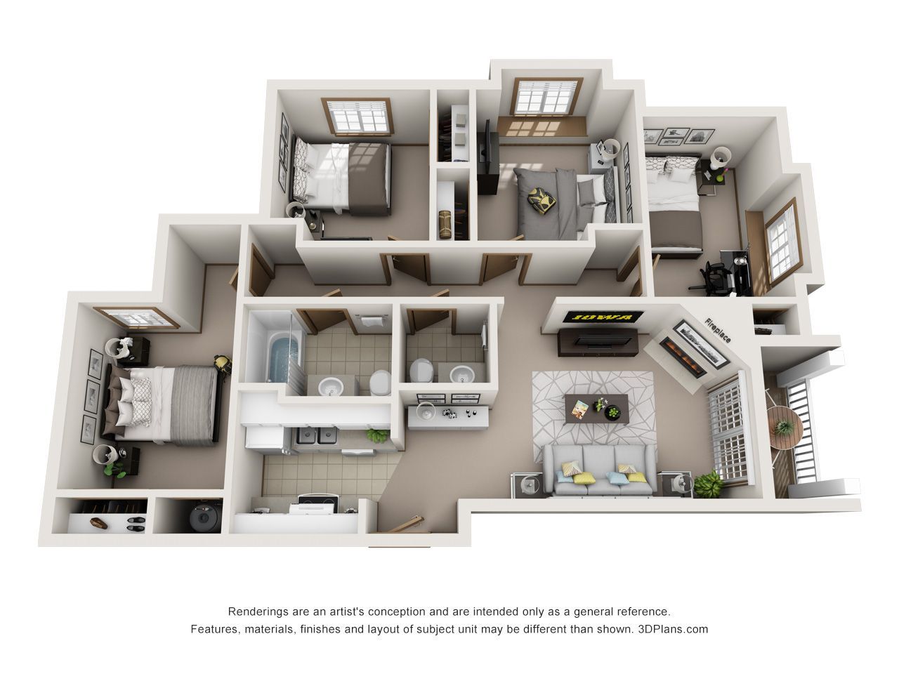 3D floor plan of a modern apartment with bedrooms, bathrooms, kitchen, and living area