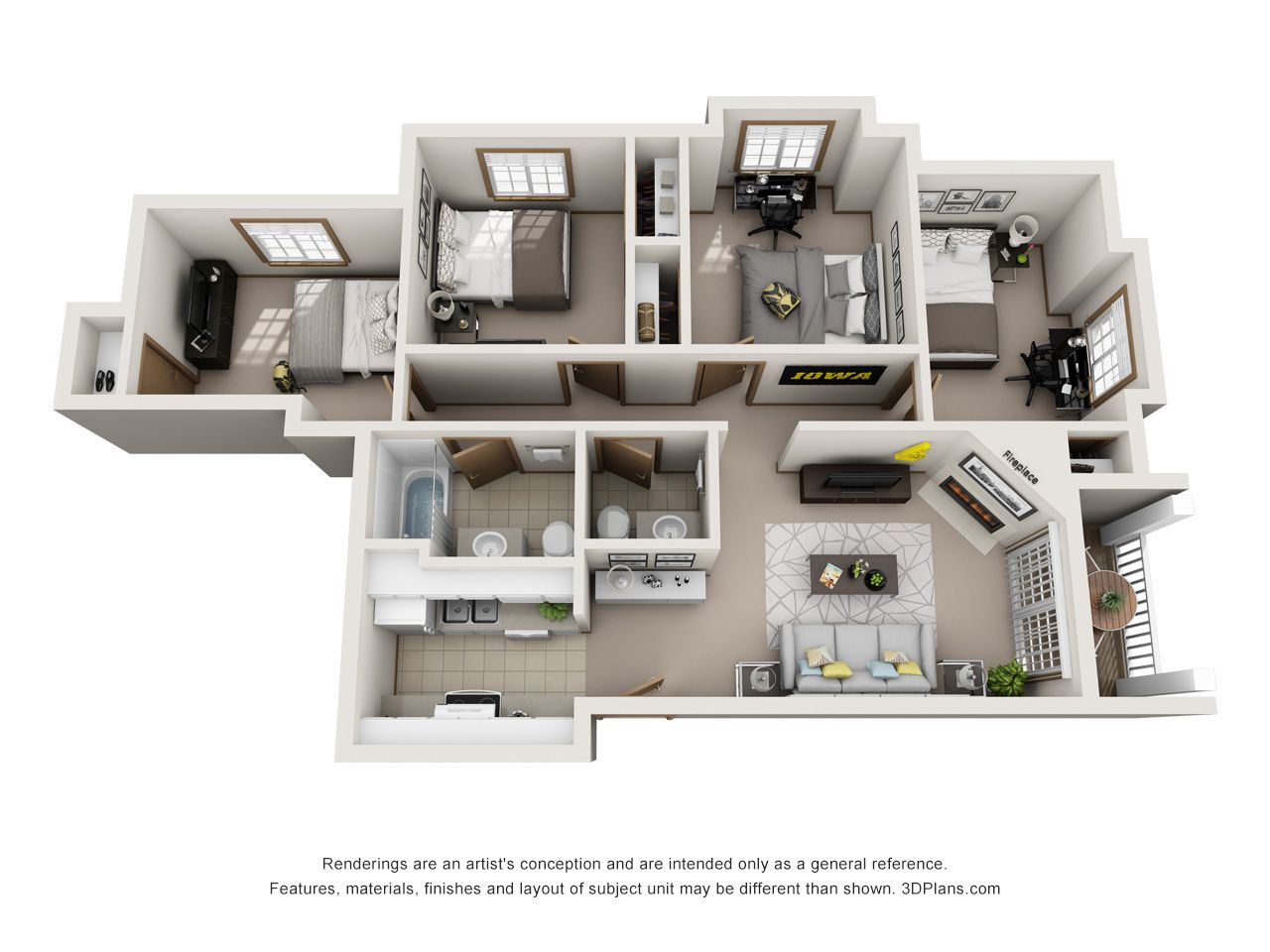 3D floor plan of a small apartment with bedroom, bathroom, kitchen, living area, and balcony