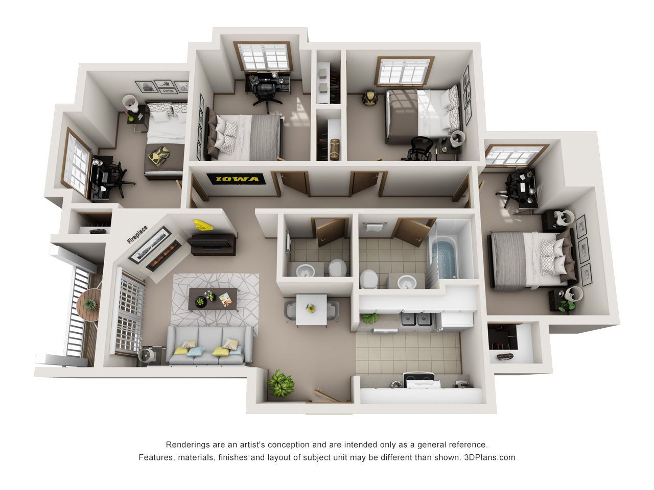 3D floor plan of a small apartment with multiple rooms, furniture, and a central hallway