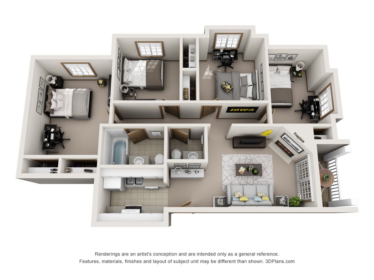3D floor plan of a modern 2-bedroom home with living room, kitchen, bathroom, and garage.