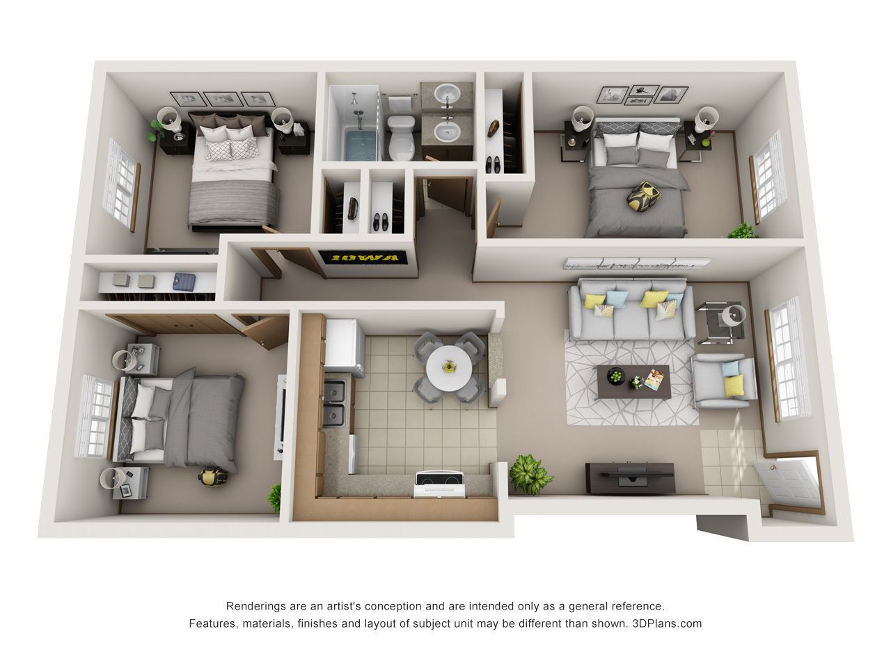 3D floor plan of a small apartment with bedrooms, kitchen, bathroom, and living area