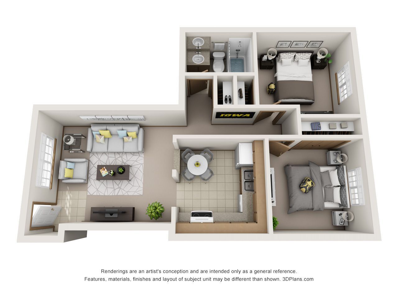 Top-down 3D floor plan of a compact apartment with bedroom, kitchen, living room, and bathroom areas