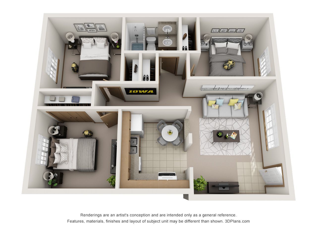 3D floor plan of a small apartment with two bedrooms, kitchen, bathroom, and living area, shown from above