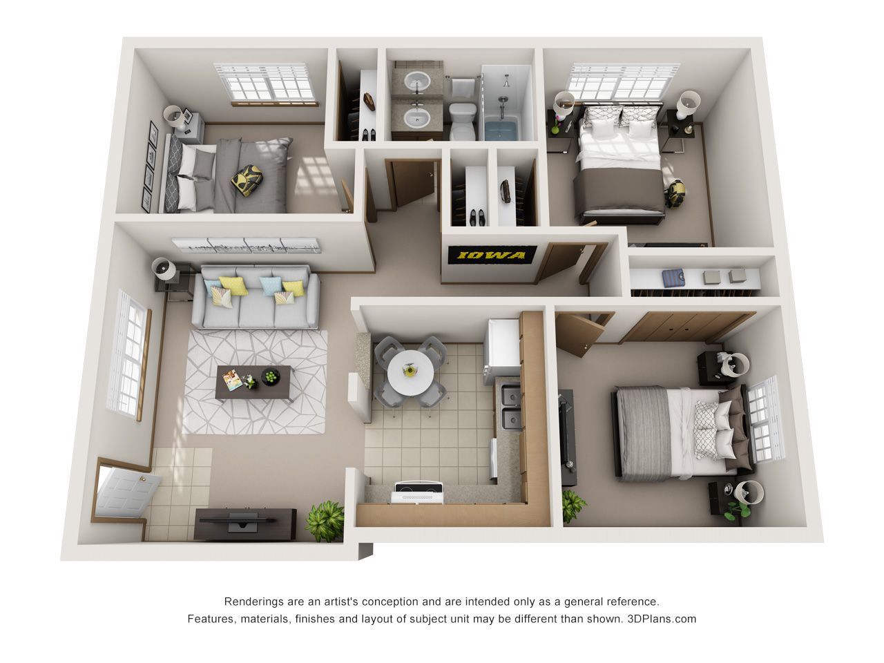 3D floor plan of a small apartment with bedroom, living room, kitchen, and bathroom.