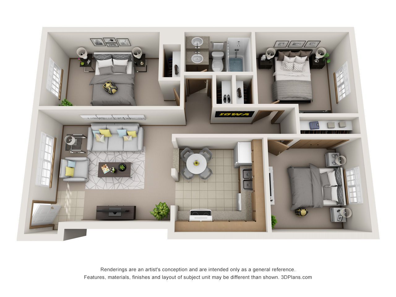 3D floor plan of a small apartment with bedroom, bathroom, kitchen, living area, and balcony