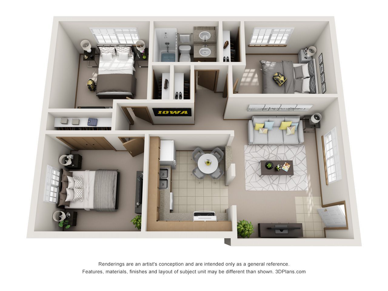 3D floor plan of a modern apartment with three bedrooms, living area, kitchen, and bathrooms