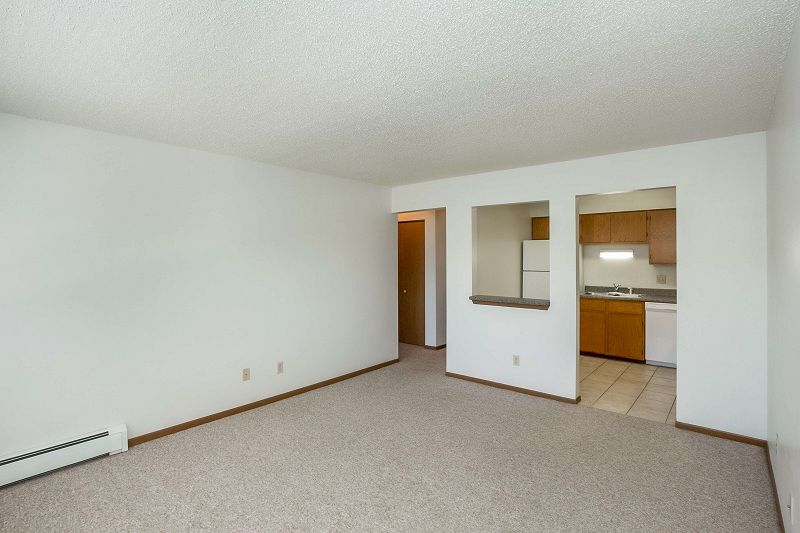 Empty carpeted living room with white walls, doorway, and a small kitchen pass-through.