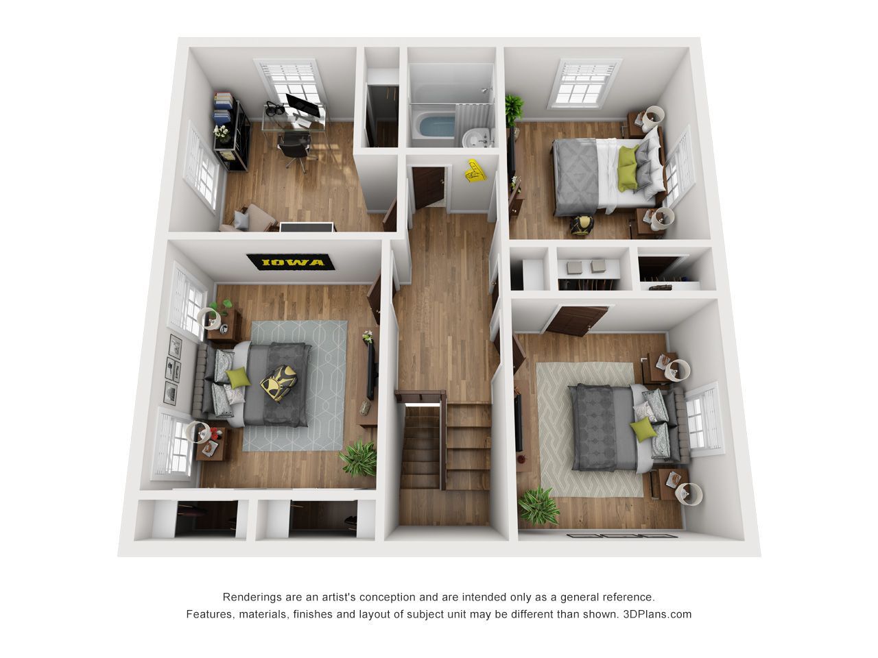 Top-down 3D floor plan of a small apartment with bedrooms, kitchen, bath, and central stairs.