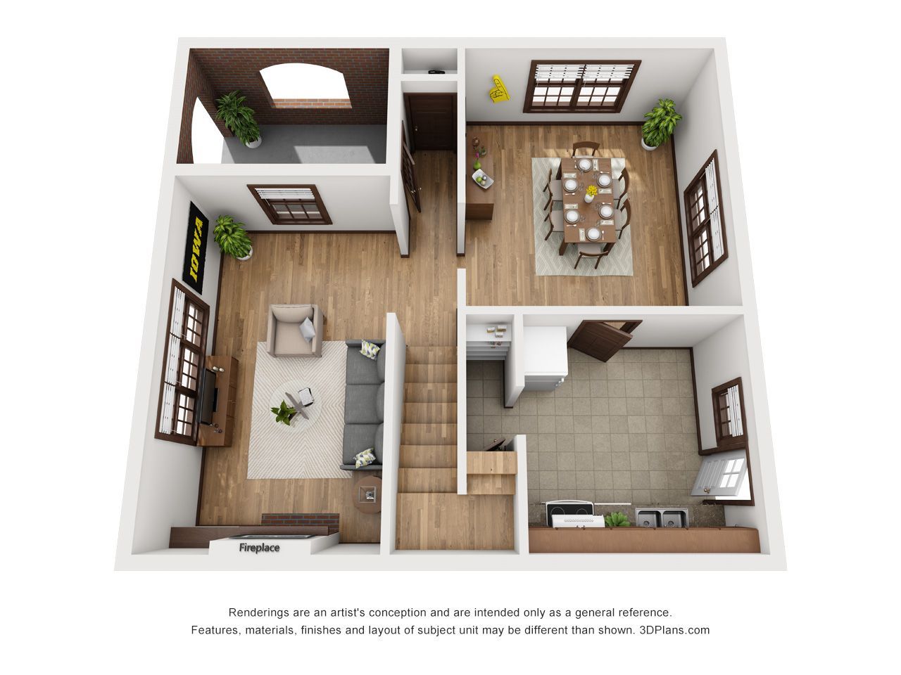 Top-down 3D floor plan of a small apartment with living room, bedroom, kitchen, and dining area