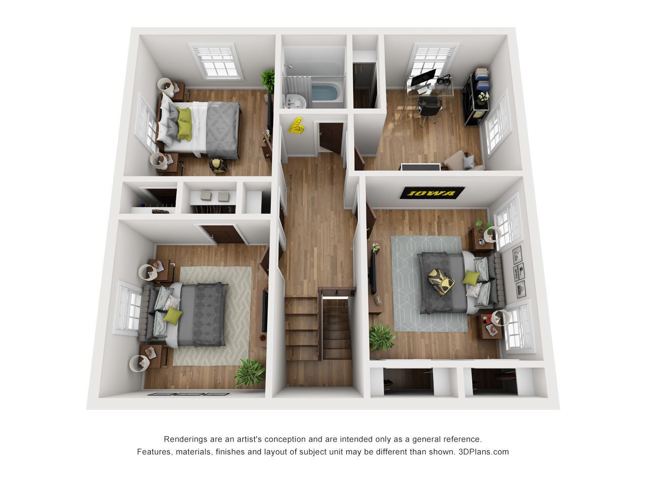 3D floor plan of a small home with bedrooms, bathroom, living room, kitchen, and central stairs.