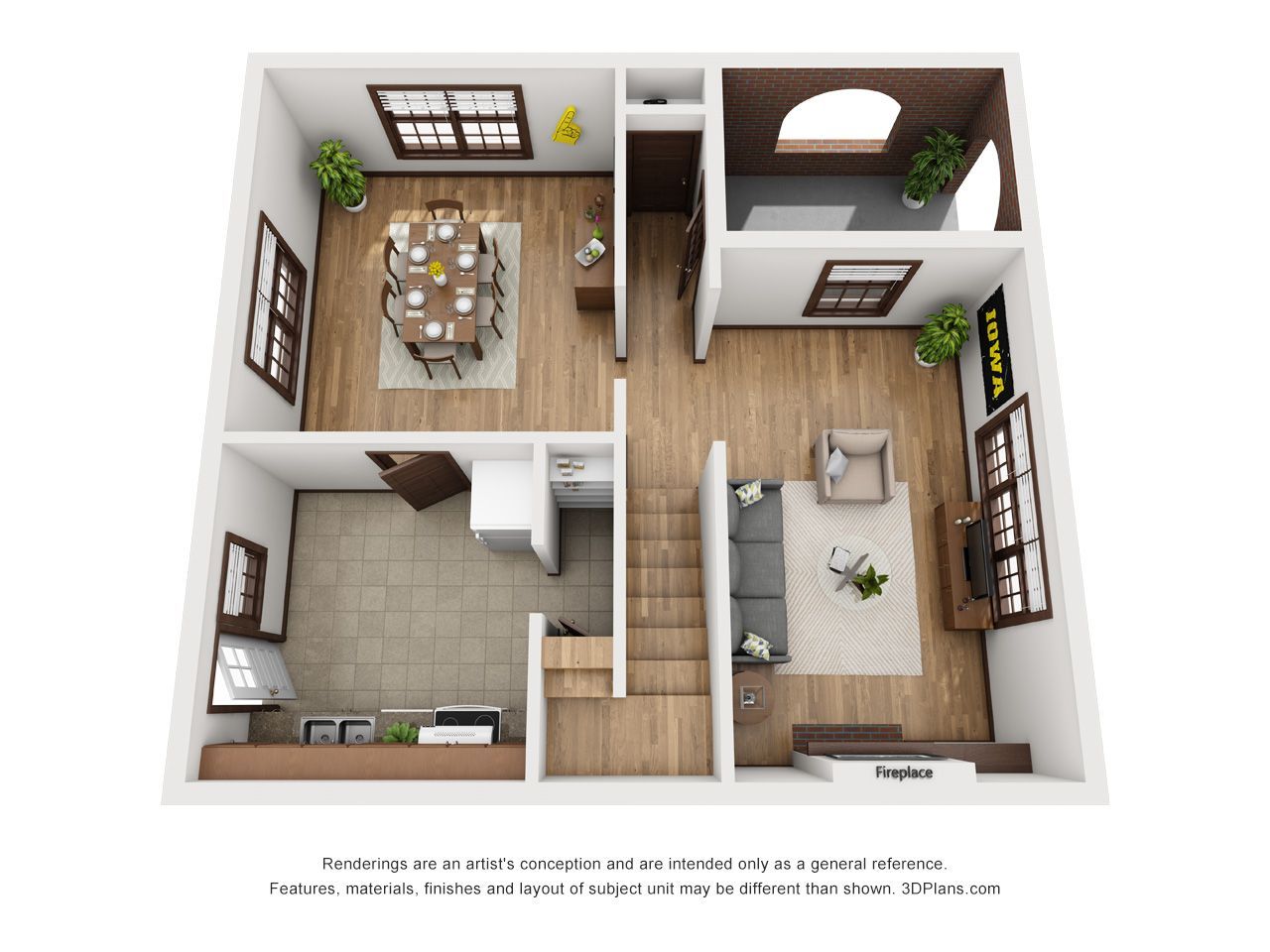 3D floor plan of a small apartment with living room, dining area, kitchen, bedroom, and bathroom