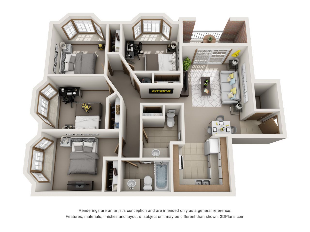 3D floor plan of a small apartment with multiple rooms, furniture, and bay windows