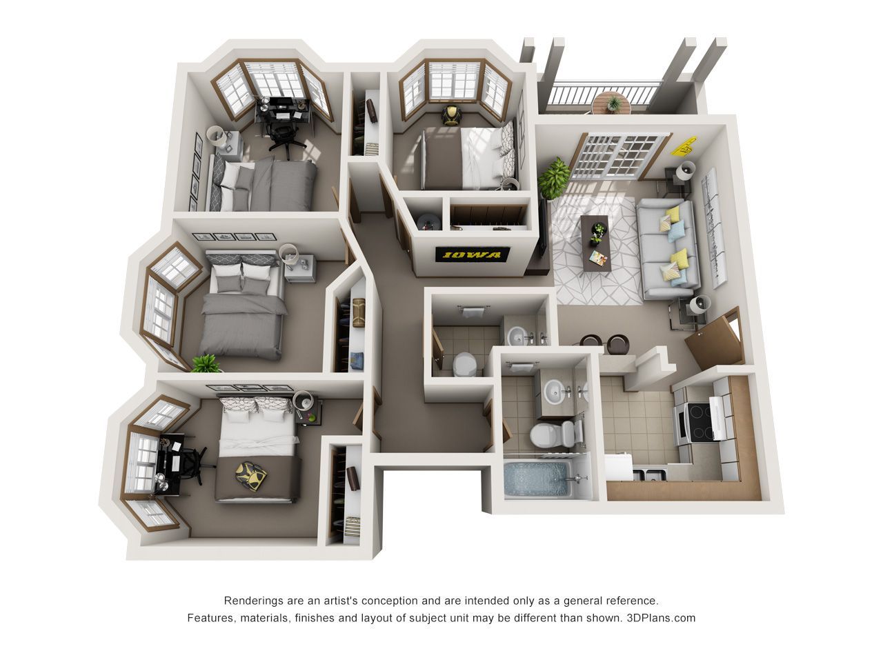 3D floor plan of a four-bedroom house with kitchen, living room, bathrooms, and balconies