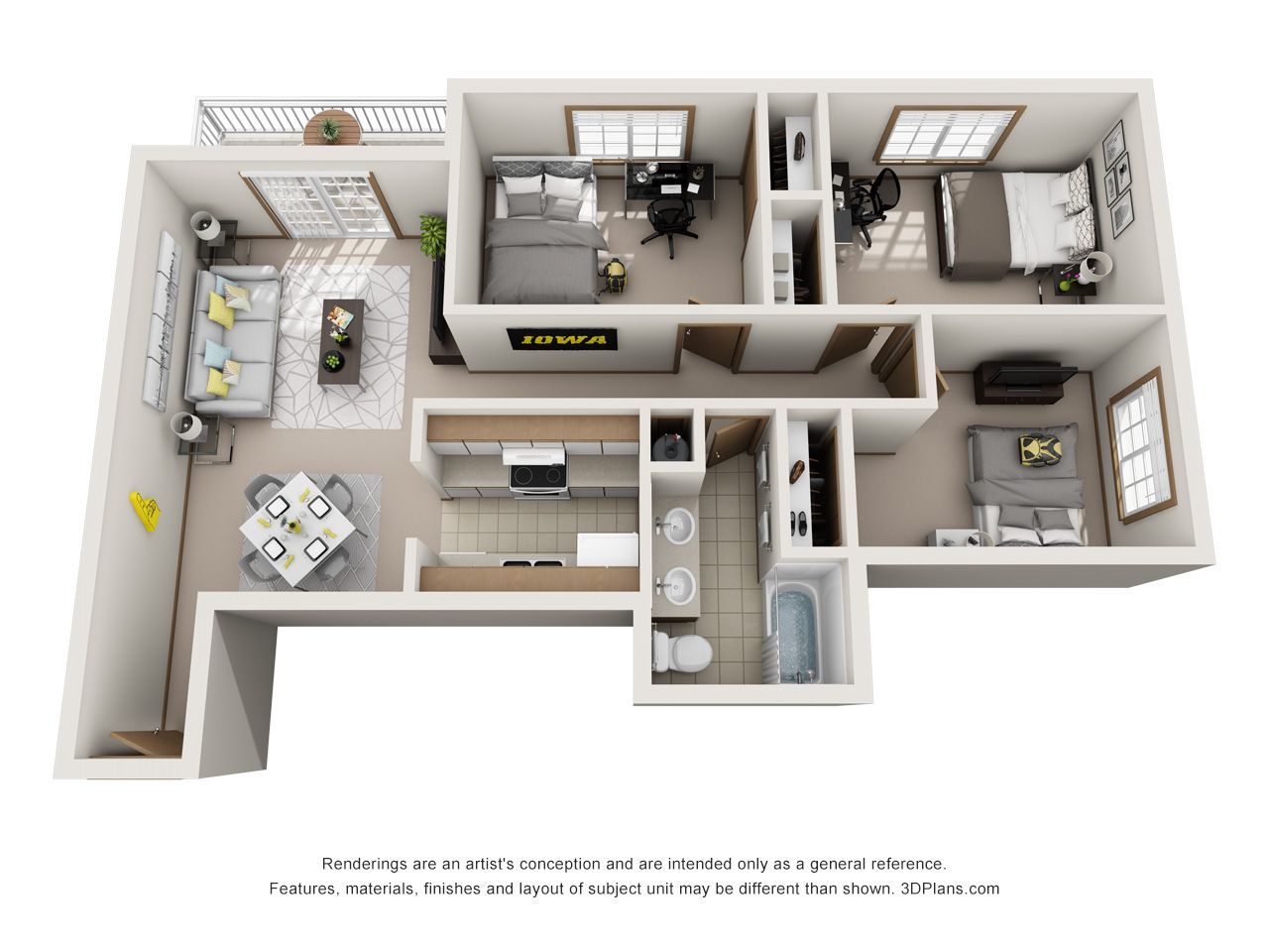 3D floor plan of a modern apartment with kitchen, living area, two bedrooms, and a bathroom