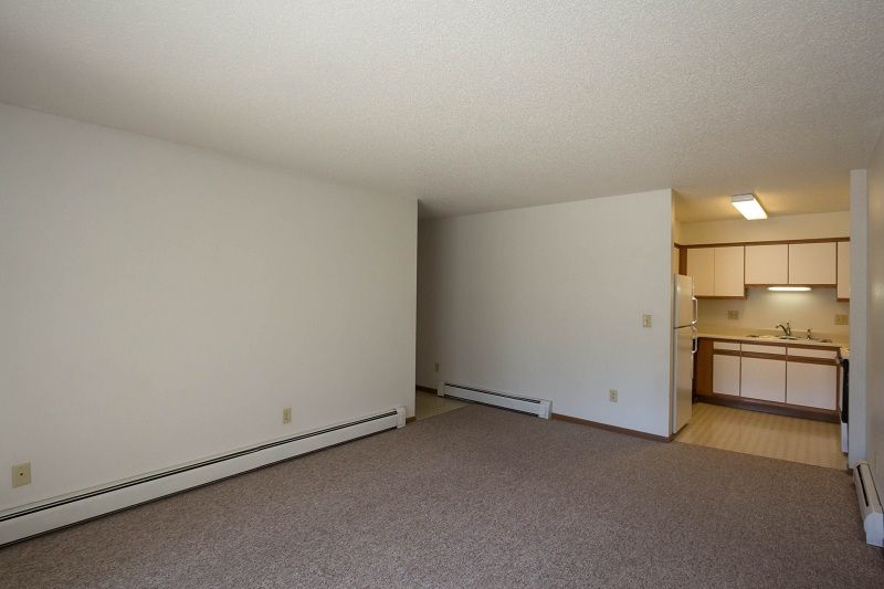 Empty carpeted living room with white walls, opening into a small kitchen area.