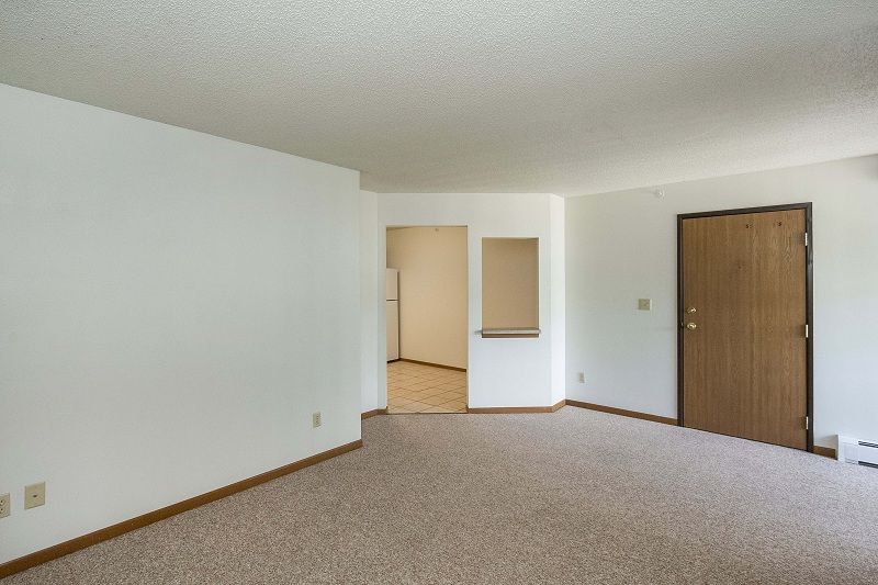 Empty beige living room with carpet, white walls, and a brown front door.