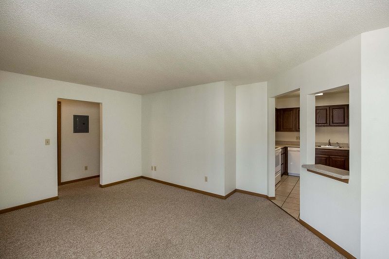 Empty beige carpeted living room with white walls and a pass-through view into a kitchen.