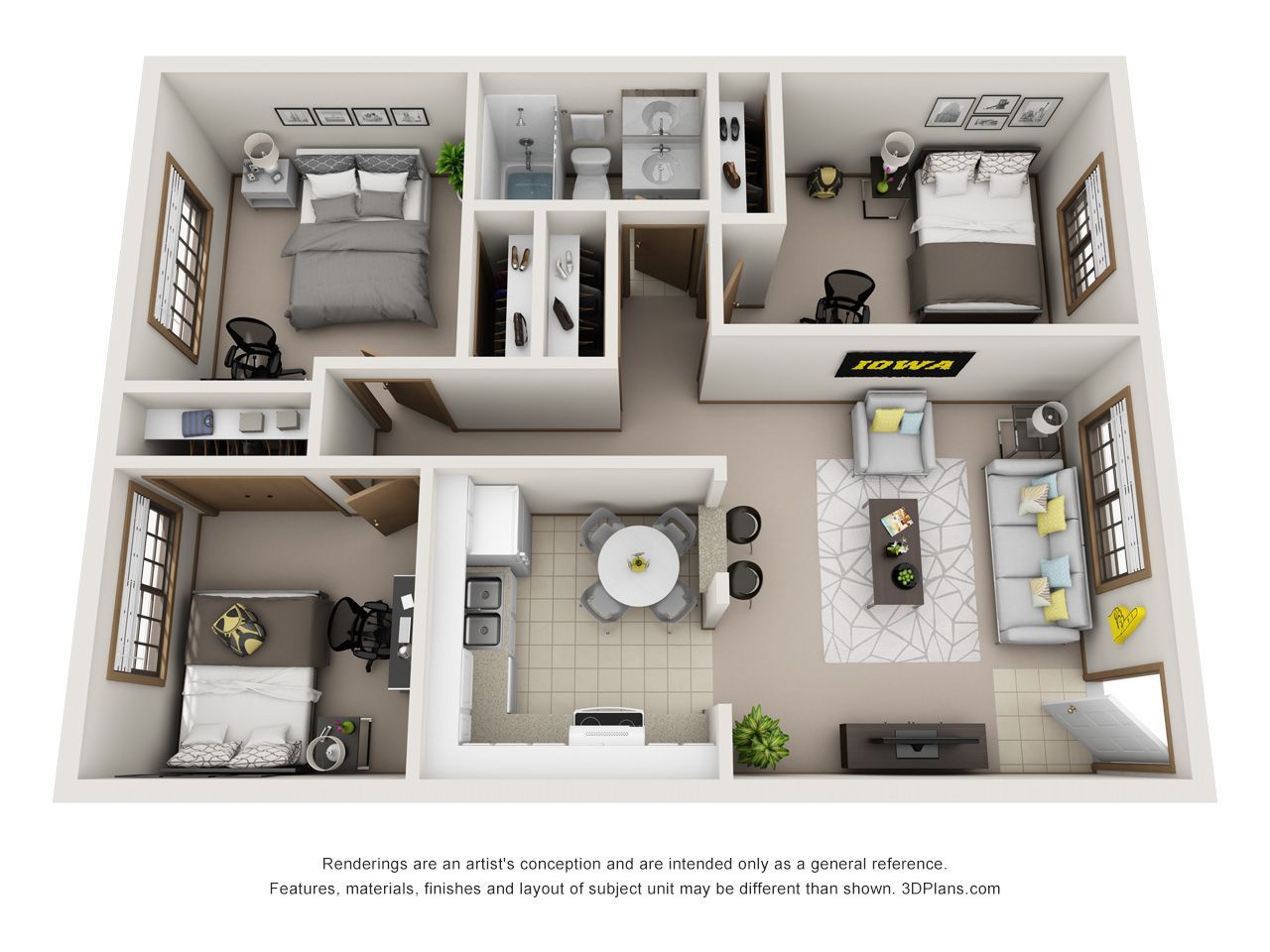 Top-down 3D floor plan of a modern two-bedroom apartment with a living room, kitchen, bath, and balcony.