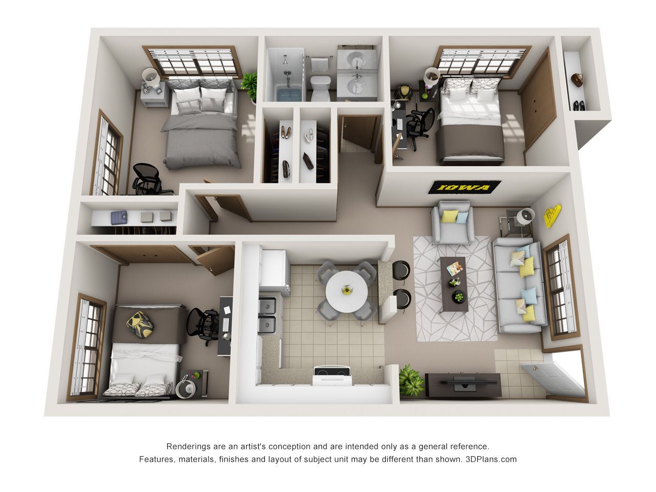 3D floor plan of a small apartment with bedrooms, bathroom, kitchen, and living area
