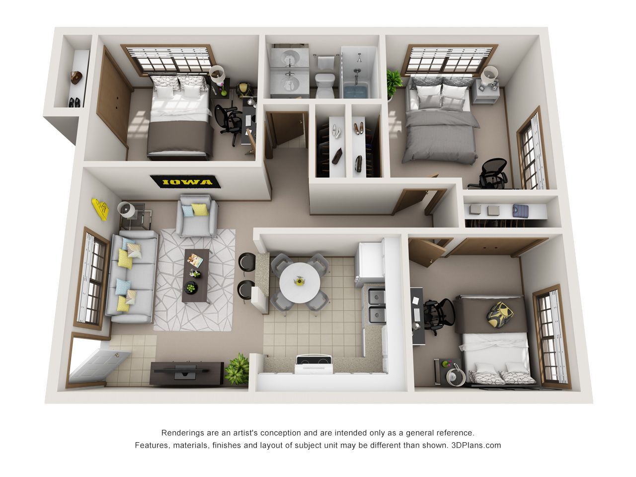 3D floor plan of a compact apartment with two bedrooms, living room, kitchen, and bathroom, in neutral colors