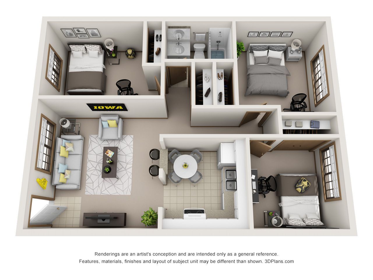 3D floor plan of a small furnished apartment with two bedrooms, kitchen, living room, bathroom, and dining area