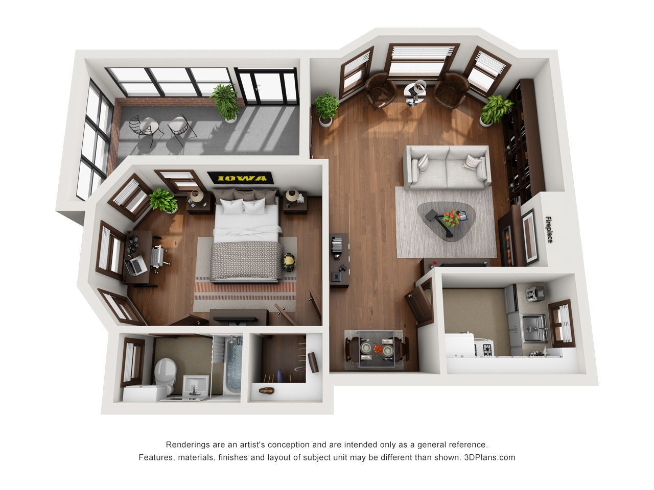 3D floor plan of a modern one-bedroom apartment with living room, kitchen, bedroom, and bathroom.