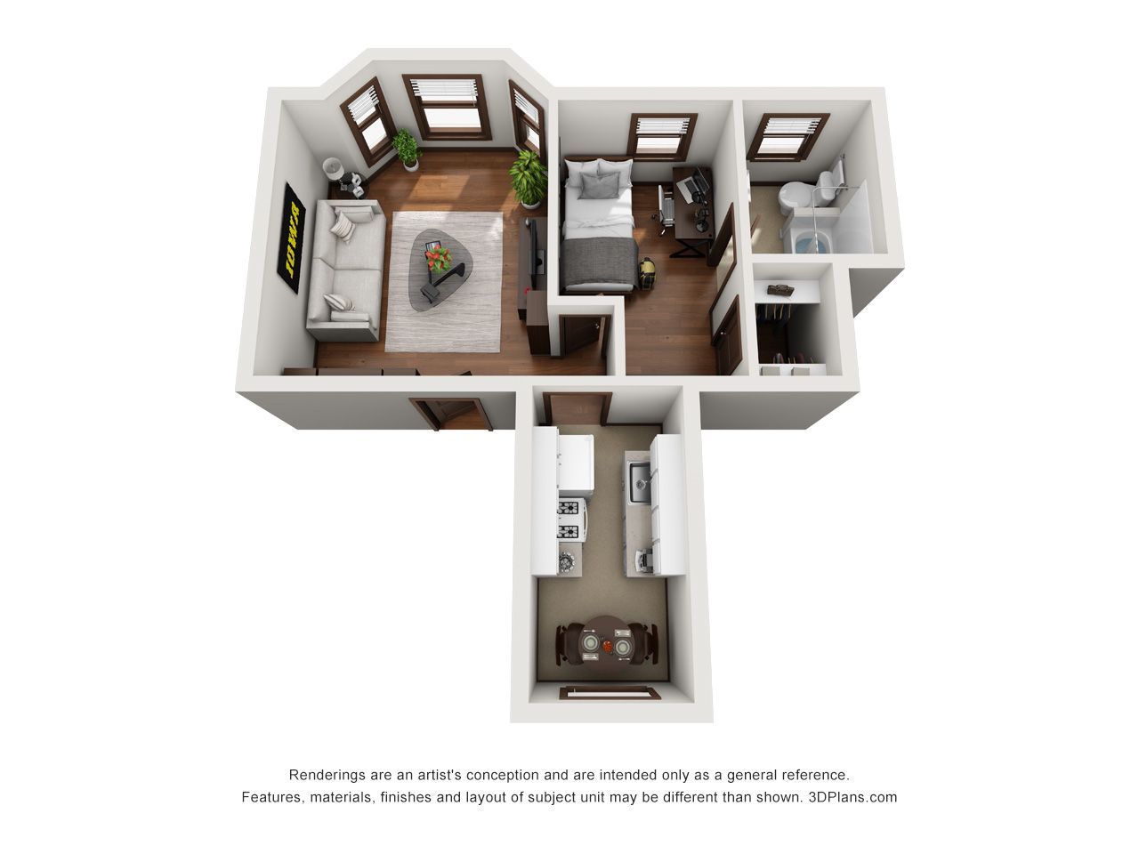 3D floor plan of a small apartment with bedroom, living area, kitchen, and bath in neutral tones