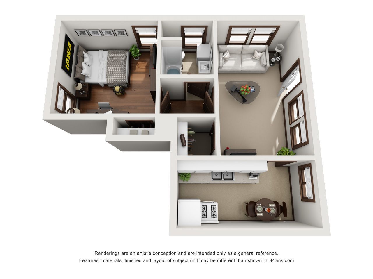 3D floor plan of a small apartment with bedroom, bathroom, living area, kitchen, and windows
