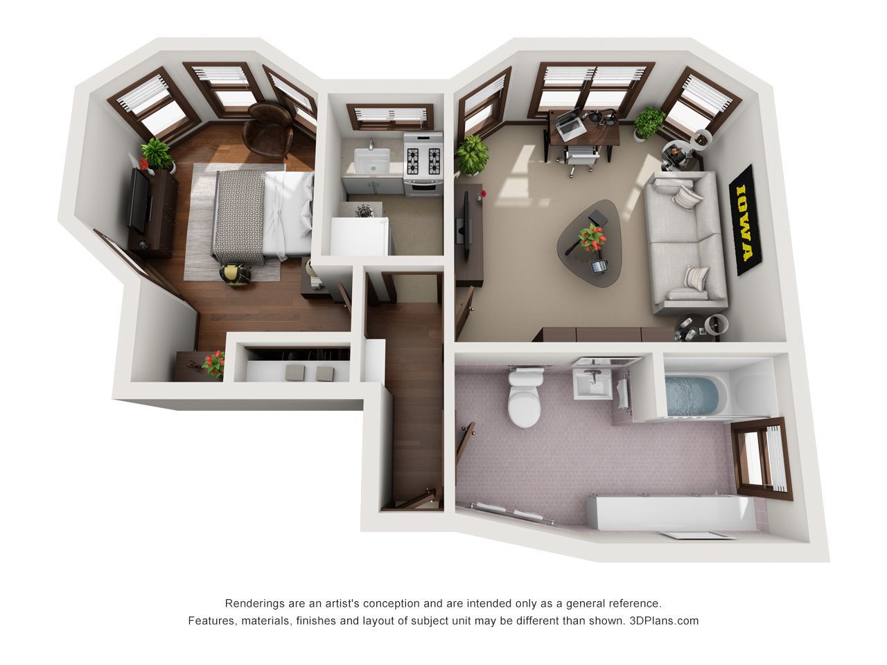 3D floor plan of a small apartment with bedroom, living room, bathroom, and kitchen area
