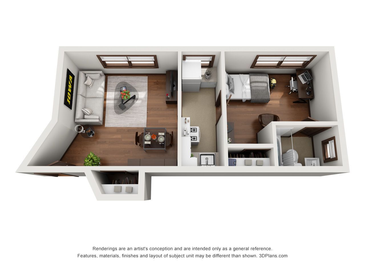 Top-down floor plan of a small two-bedroom apartment with wood floors, beds, desks, and a kitchenette.