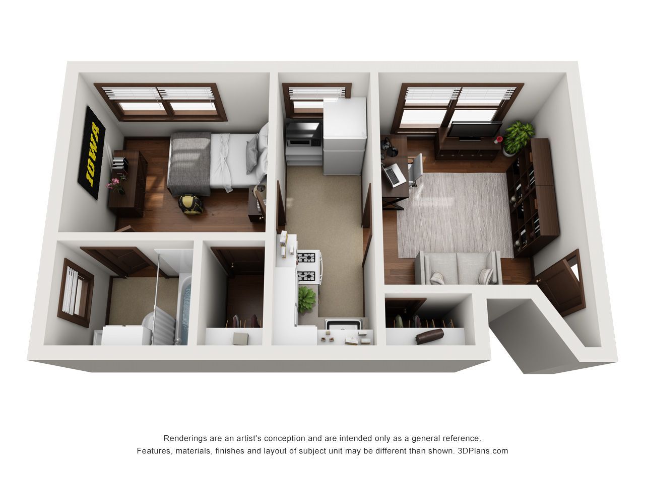 3D floor plan of a small apartment with living area, kitchen, bedroom, and bathroom.