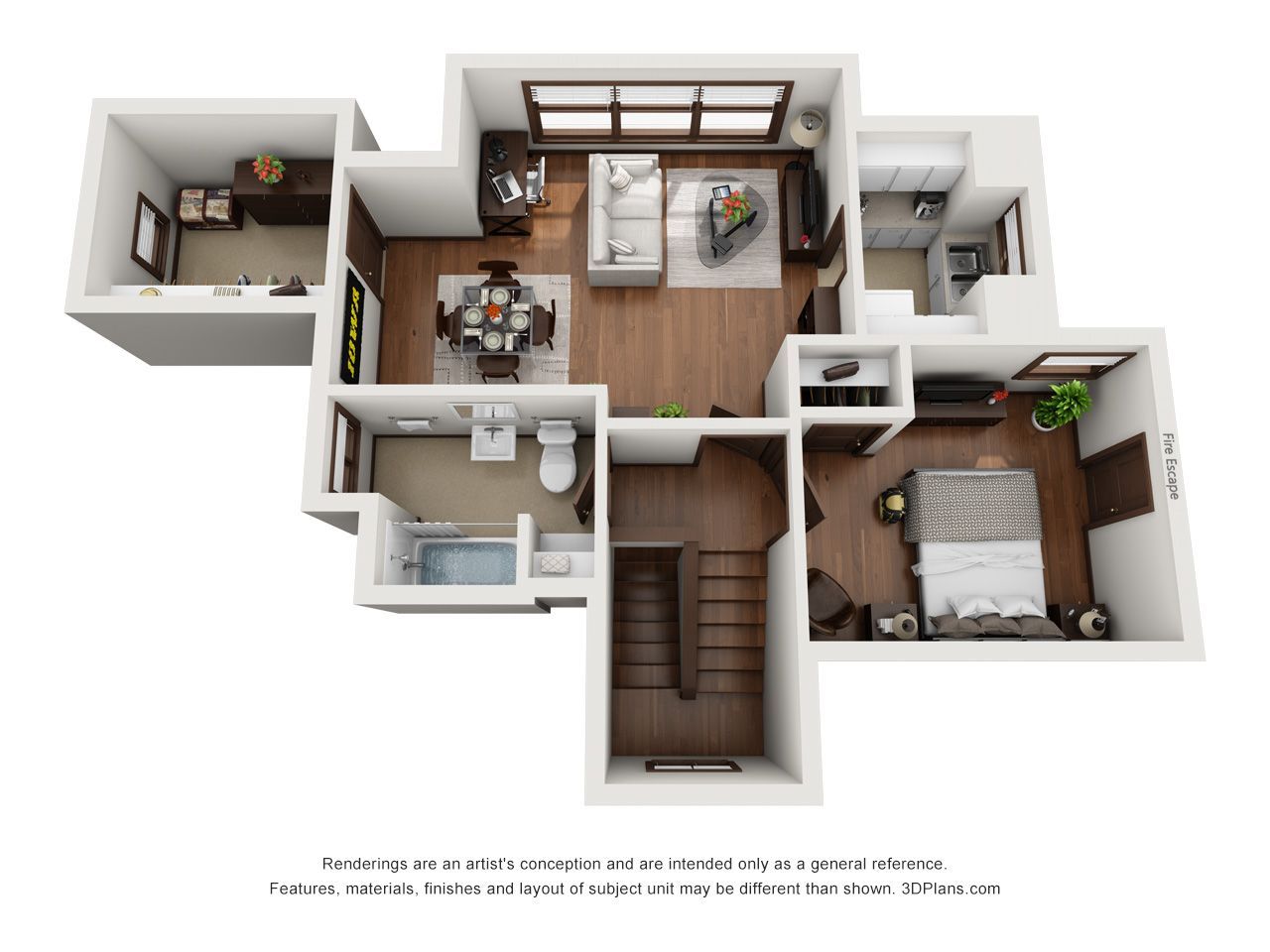 3D floor plan of a house with living room, bedroom, bathroom, stairs, and kitchen area