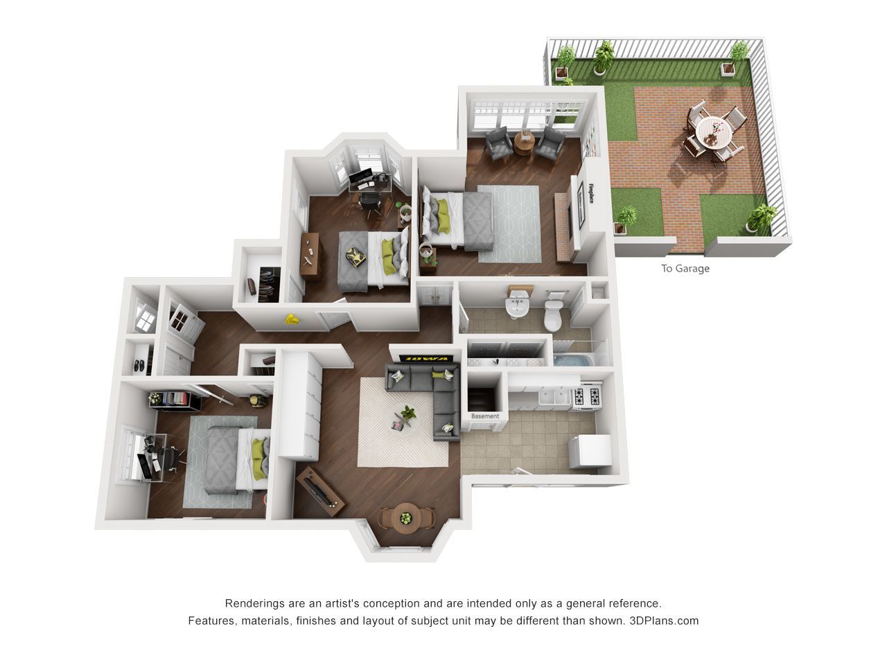 3D floor plan of a house with multiple rooms and a rooftop patio with outdoor seating