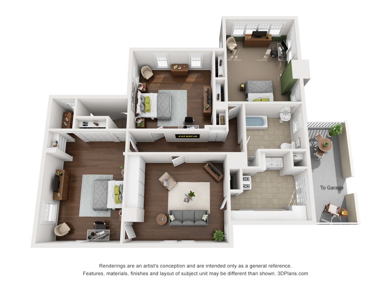 3D floor plan of a furnished apartment with multiple rooms, white walls, and wood floors