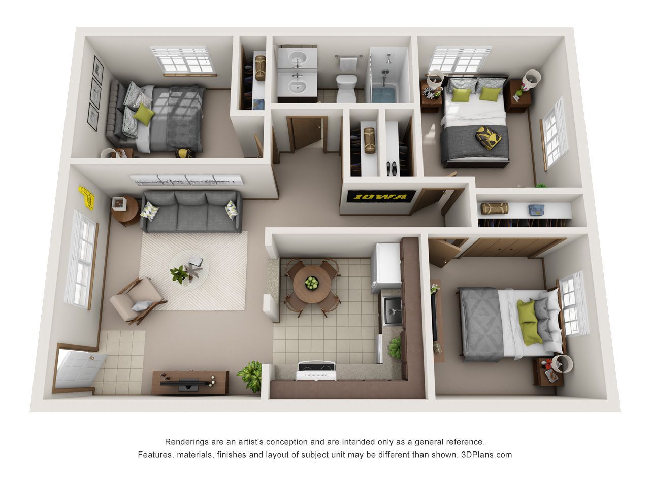 Top-down 3D floor plan of a small apartment with bedroom, living room, kitchen, bath, and balcony.