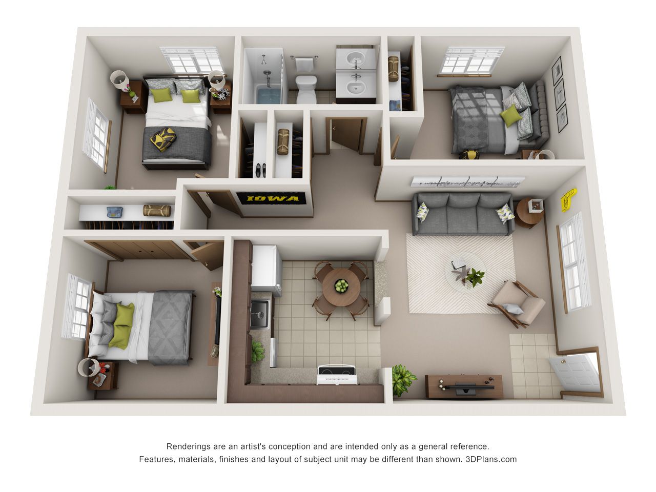 3D floor plan of a small apartment with bedroom, kitchen, living room, bathroom, and dining area