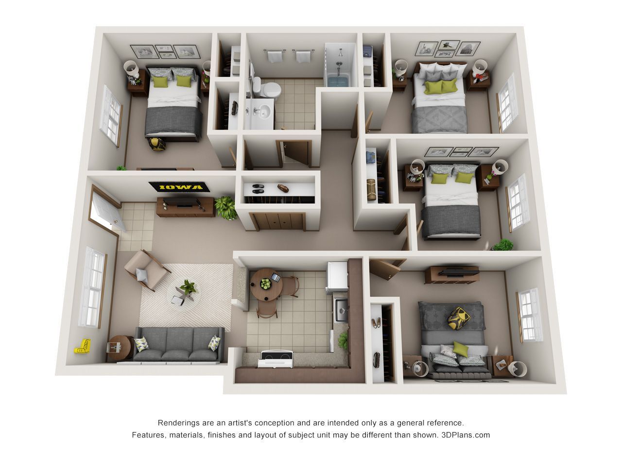 Top-down 3D floor plan of a small apartment with two bedrooms, living room, kitchen, and bathroom.