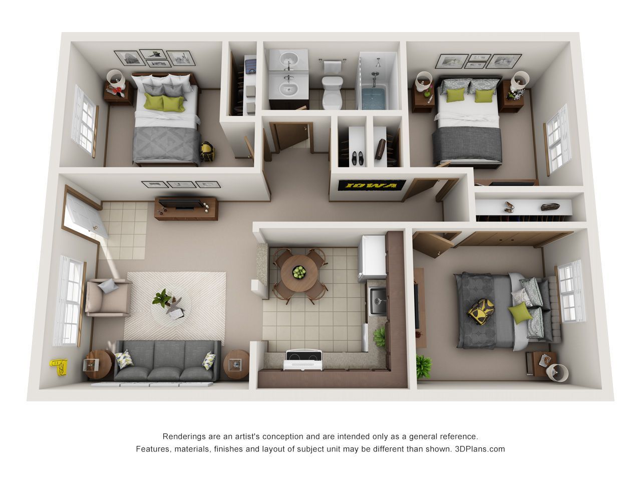 3D floor plan of a small apartment with two bedrooms, a bathroom, living room, kitchen, and dining area