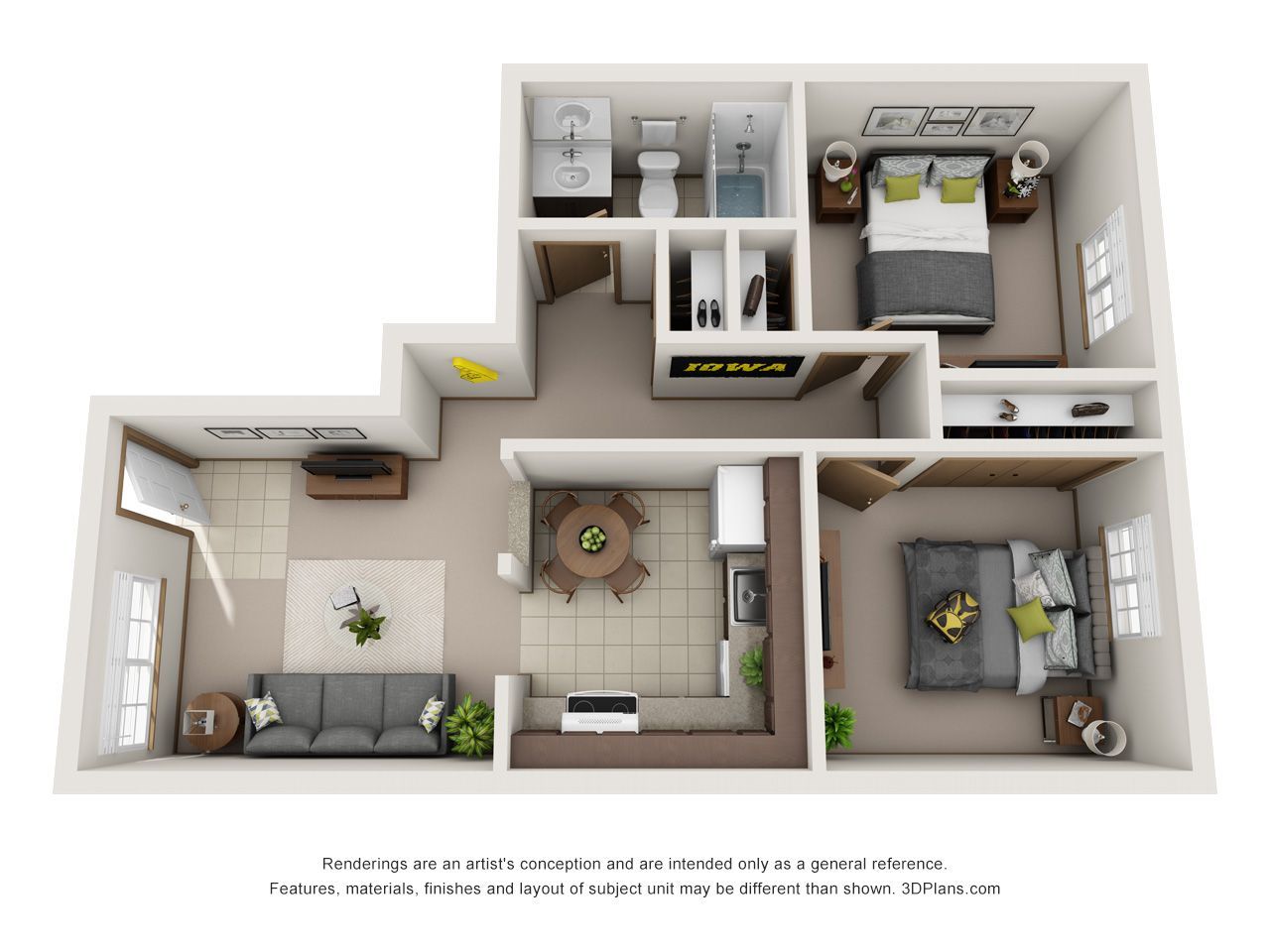 Top-down 3D floor plan of a compact apartment with living room, bedroom, kitchen, bath, and balcony.