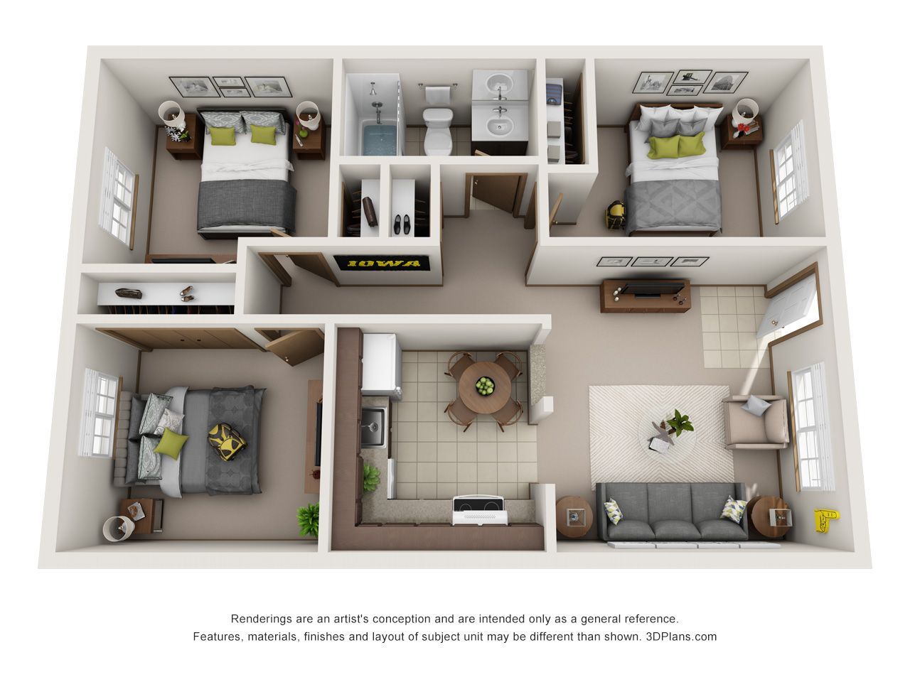 Top-down 3D floor plan of a small apartment with two bedrooms, living room, kitchen, and bath.