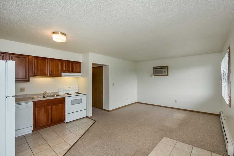 Empty living room with small kitchen, white walls, beige carpet, and tiled floor near the counter.