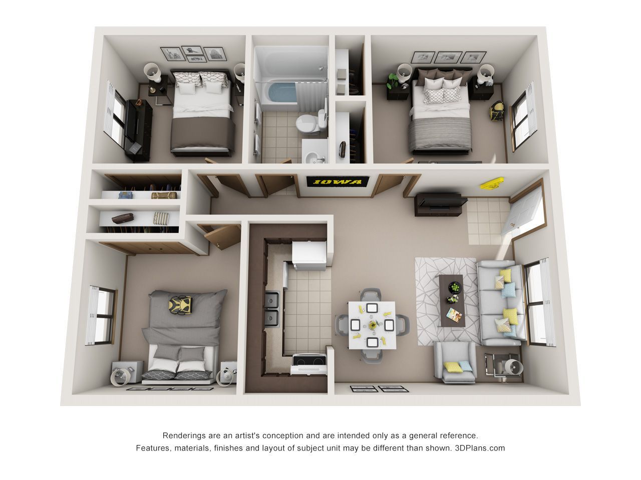 Top-down 3D floor plan of a compact apartment with two bedrooms, bathroom, living area, and kitchen.