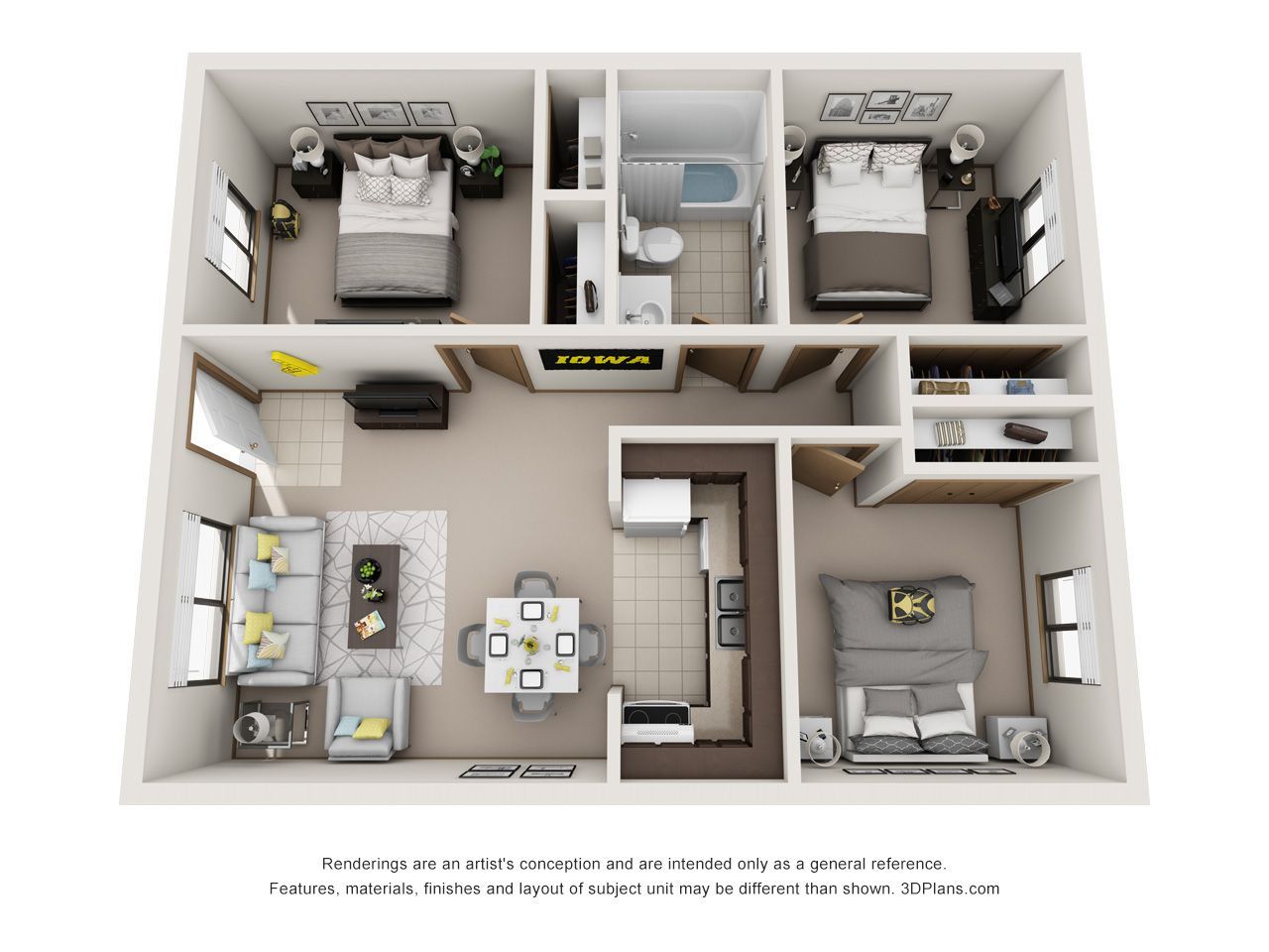 Top-down floor plan of a small apartment with two bedrooms, living room, kitchen, bath, and stairs