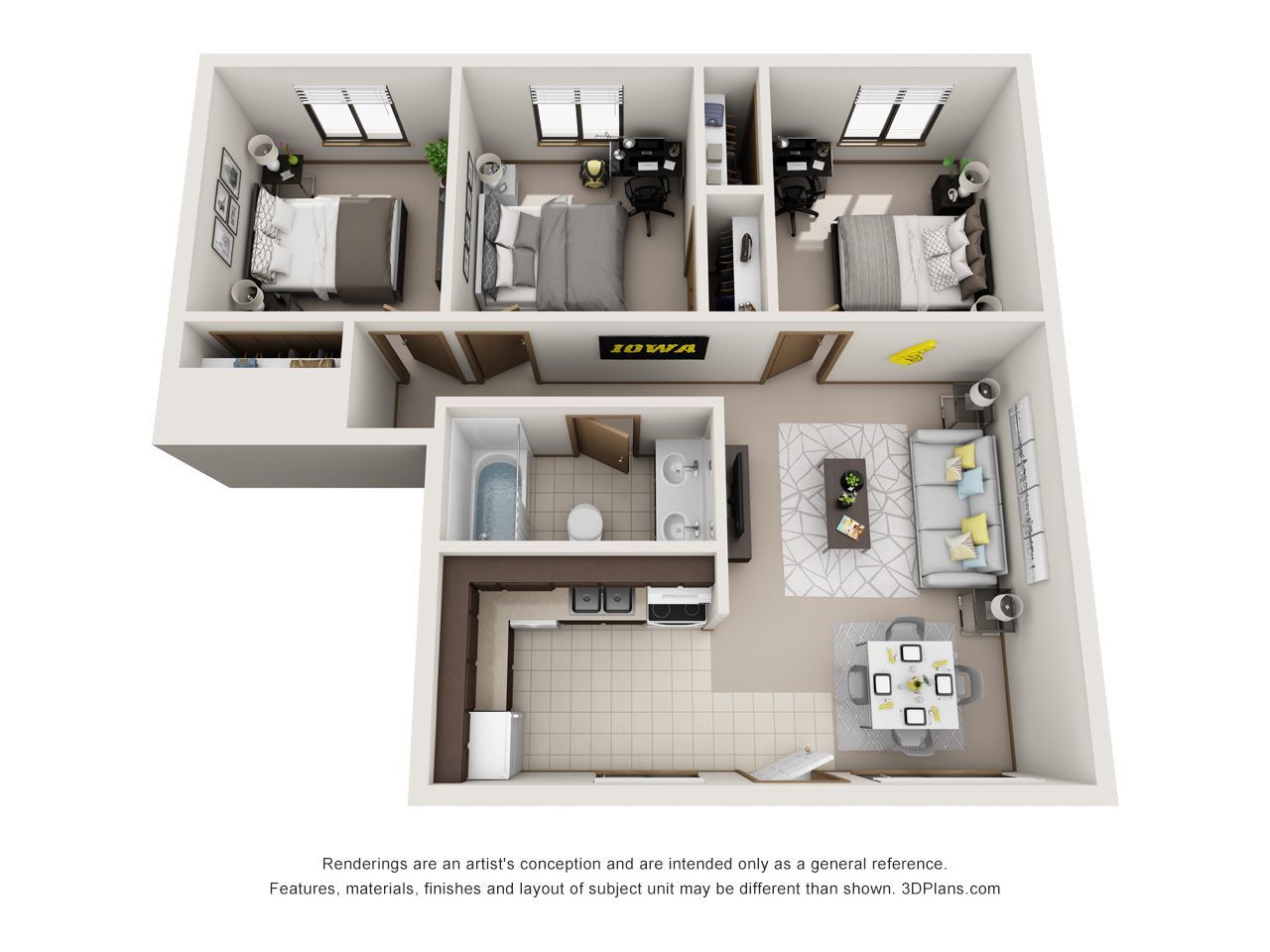 3D floor plan of a small apartment with two bedrooms, a bathroom, kitchen, and living-dining area