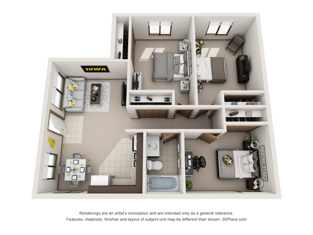 Top-down 3D floor plan of a beige apartment with bedroom, kitchen, bath, living room, and dining area