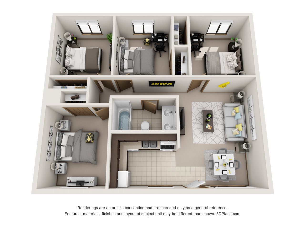 3D floor plan of a furnished house with three bedrooms, living room, kitchen, bath, and central hallway