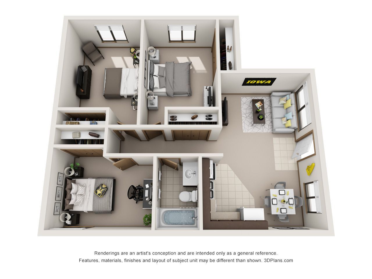 3D floor plan of a small apartment with bedrooms, kitchen, bathroom, and living area.