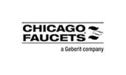 Chicago Faucets logo with black text and stylized faucet icon, “a Geberit company” underneath
